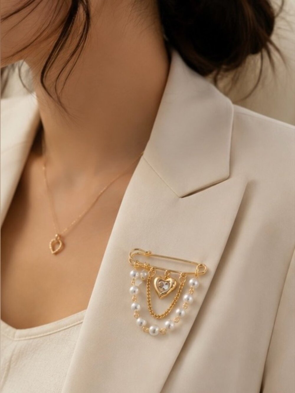 Anthropologie Gold Pearl Heart Charm Brooch